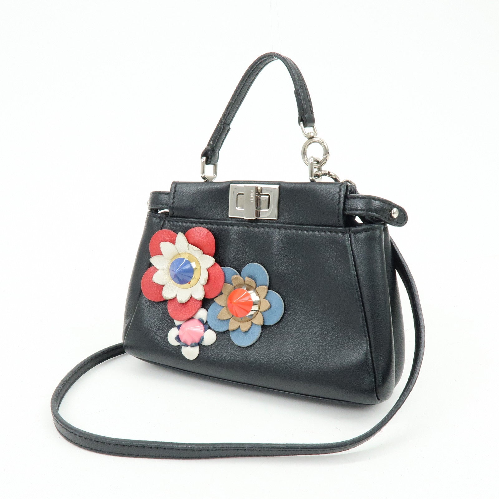 FENDI Micro Peekaboo Leather Flower Motif 2Way Shoulder Bag 8M0355