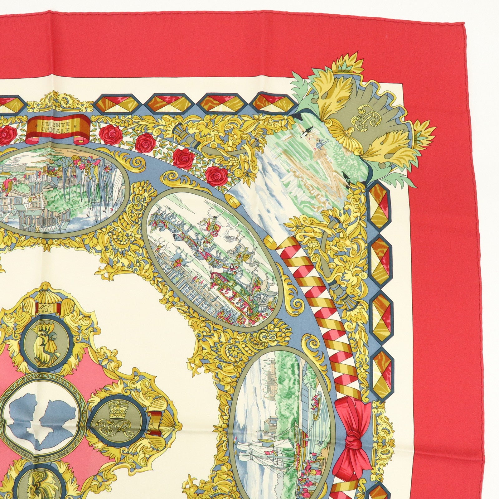 HERMES Carre 90 Silk 100% Scarf L'ENTENTE CORDIALE Red Ivory