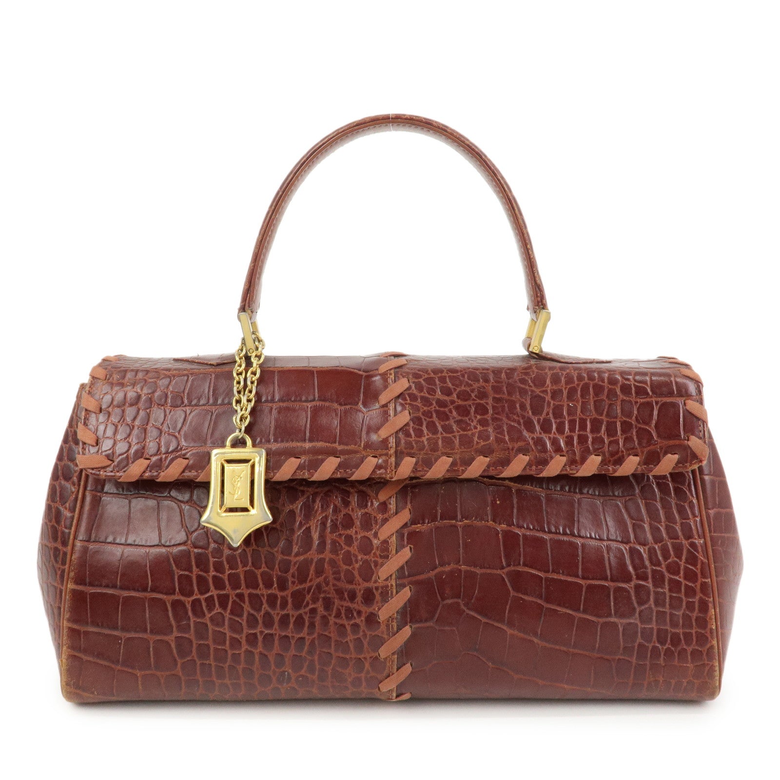 SAINT LAURENT PARIS Embossed Leather Hand Bag Red Brown
