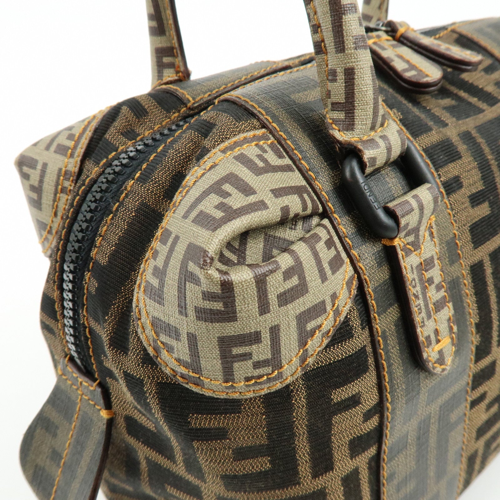 FENDI Zucca Zucchino Canvas PVC Boston Hand Bag Brown 8BL095