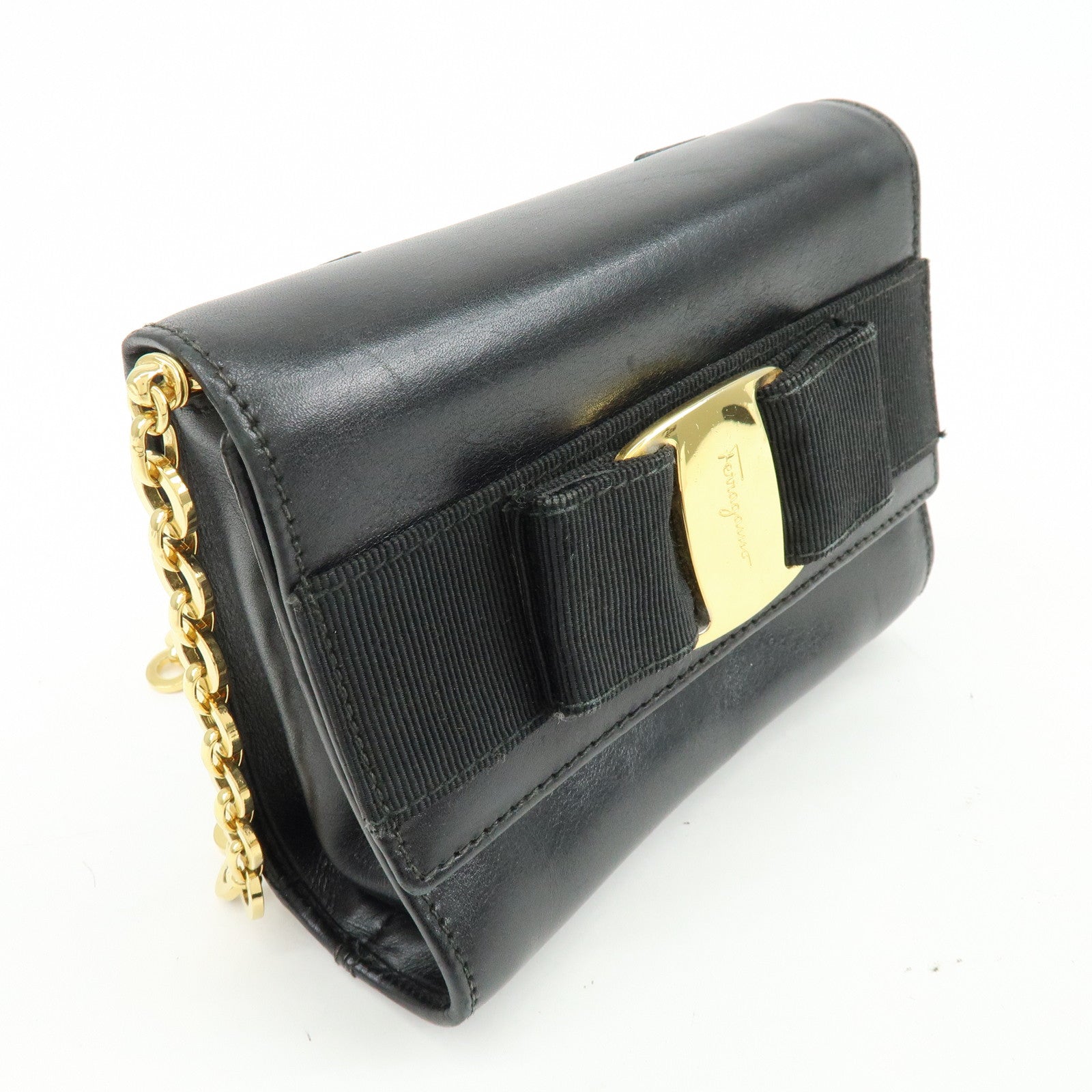 Ferragamo Vara Ribbon Leather 3 Way Bag Shoulder Clutch Bag Black