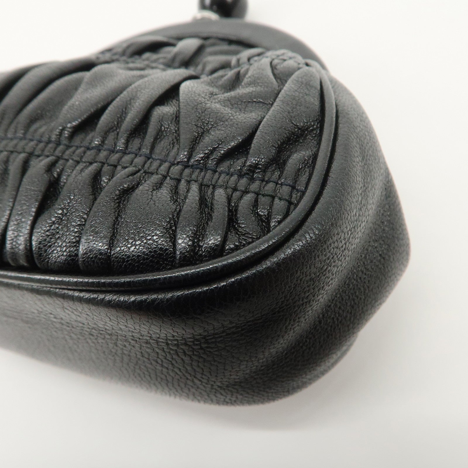 PRADA Logo Gathered Leather Pouch Compact Wallet Coin Case Black