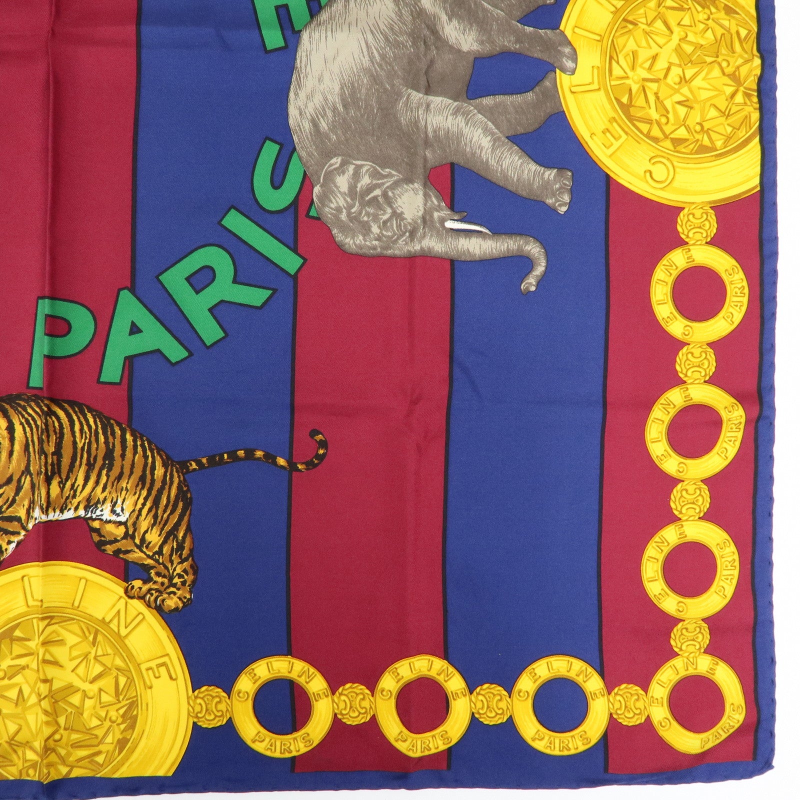 CELINE Silk 100% Scarf  Le Cirque Lion Elephant Motif Navy Blue