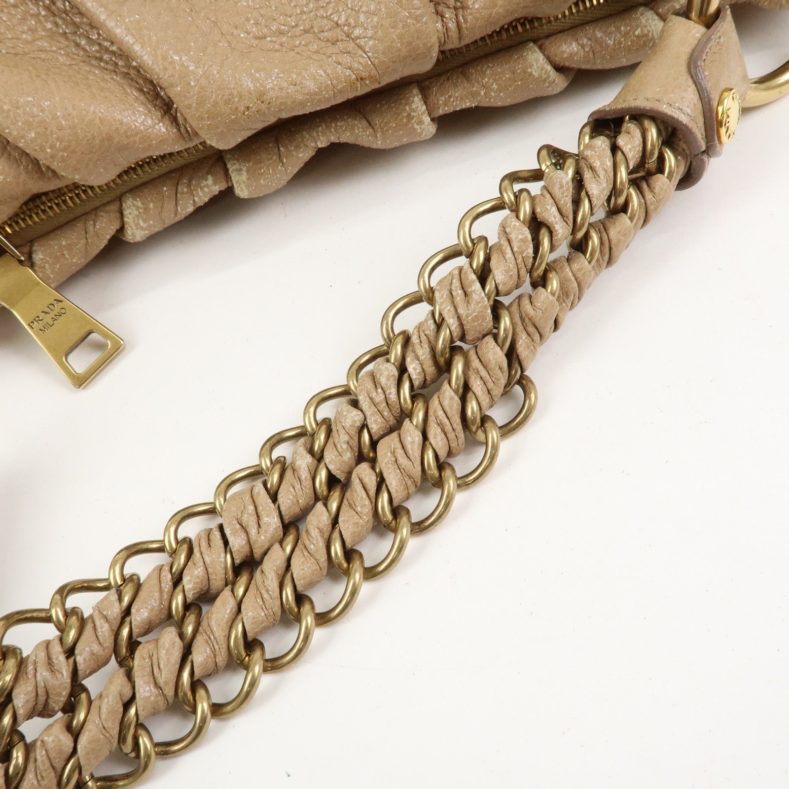 PRADA Logo Leather Chain Shoulder Bag Hand Bag Beige