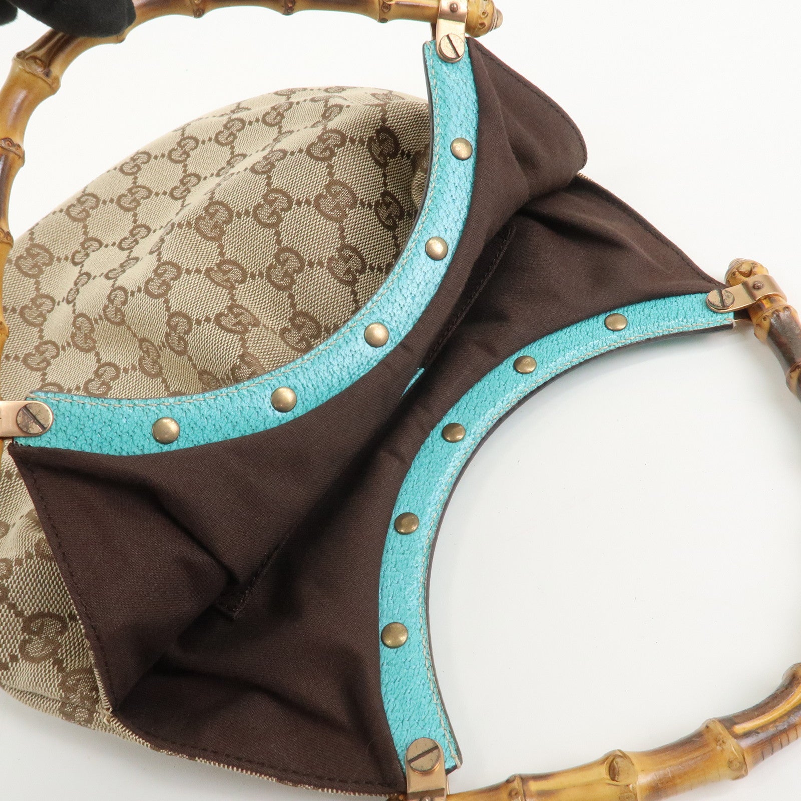 GUCCI Bamboo GG Canvas Leather Hand Bag Brown Light Blue 124297