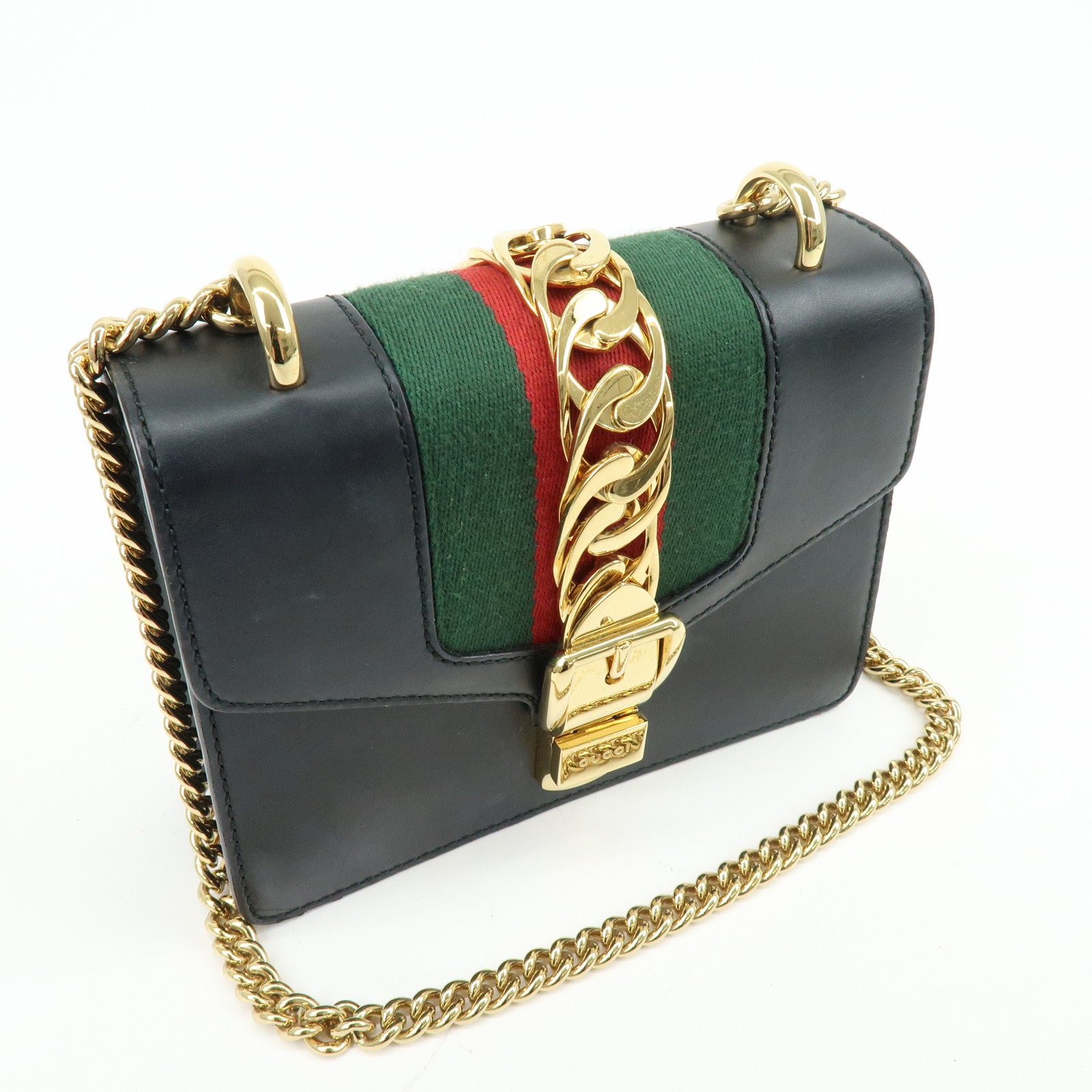 GUCCI Sylvie Sherry Leather Chain Shoulder Bag Black 431666