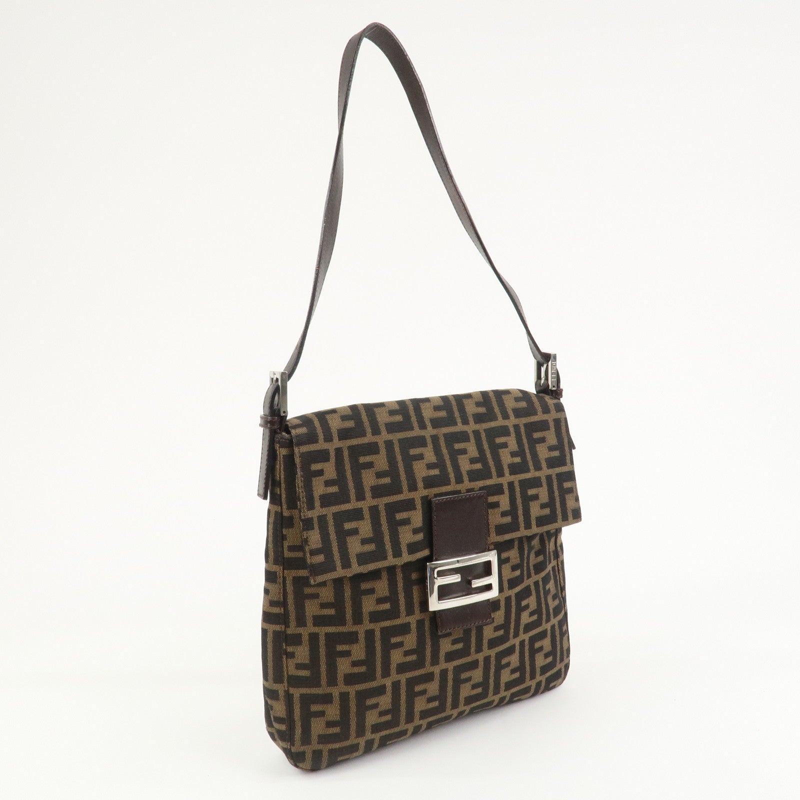 FENDI Zucca Canvas Leather Shoulder Bag Brown Black 26730