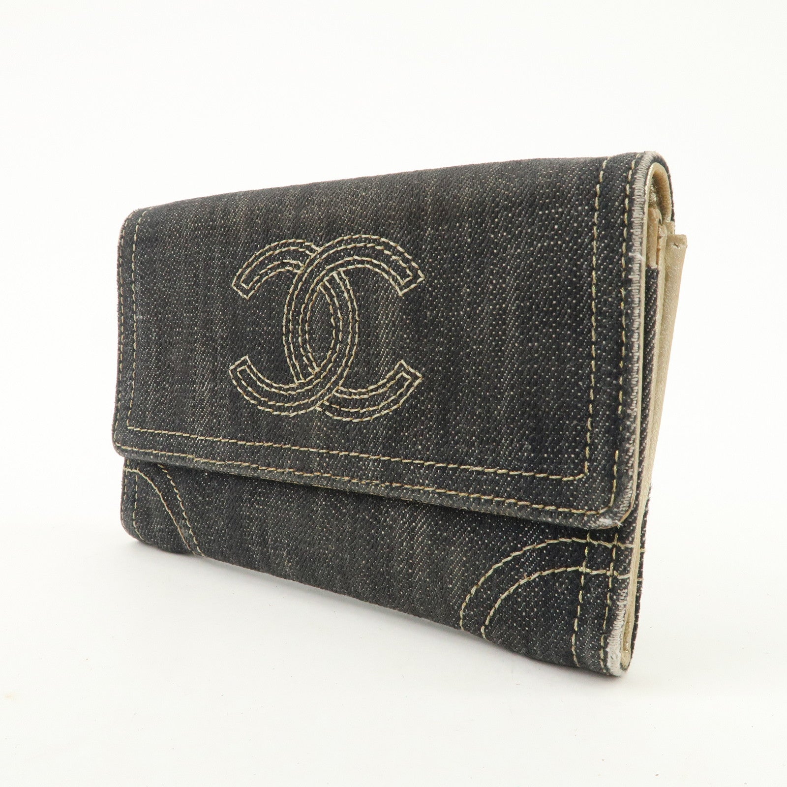 CHANEL COCO Mark Denim Bi-fold Wallet Indigo Blue A31991 Used