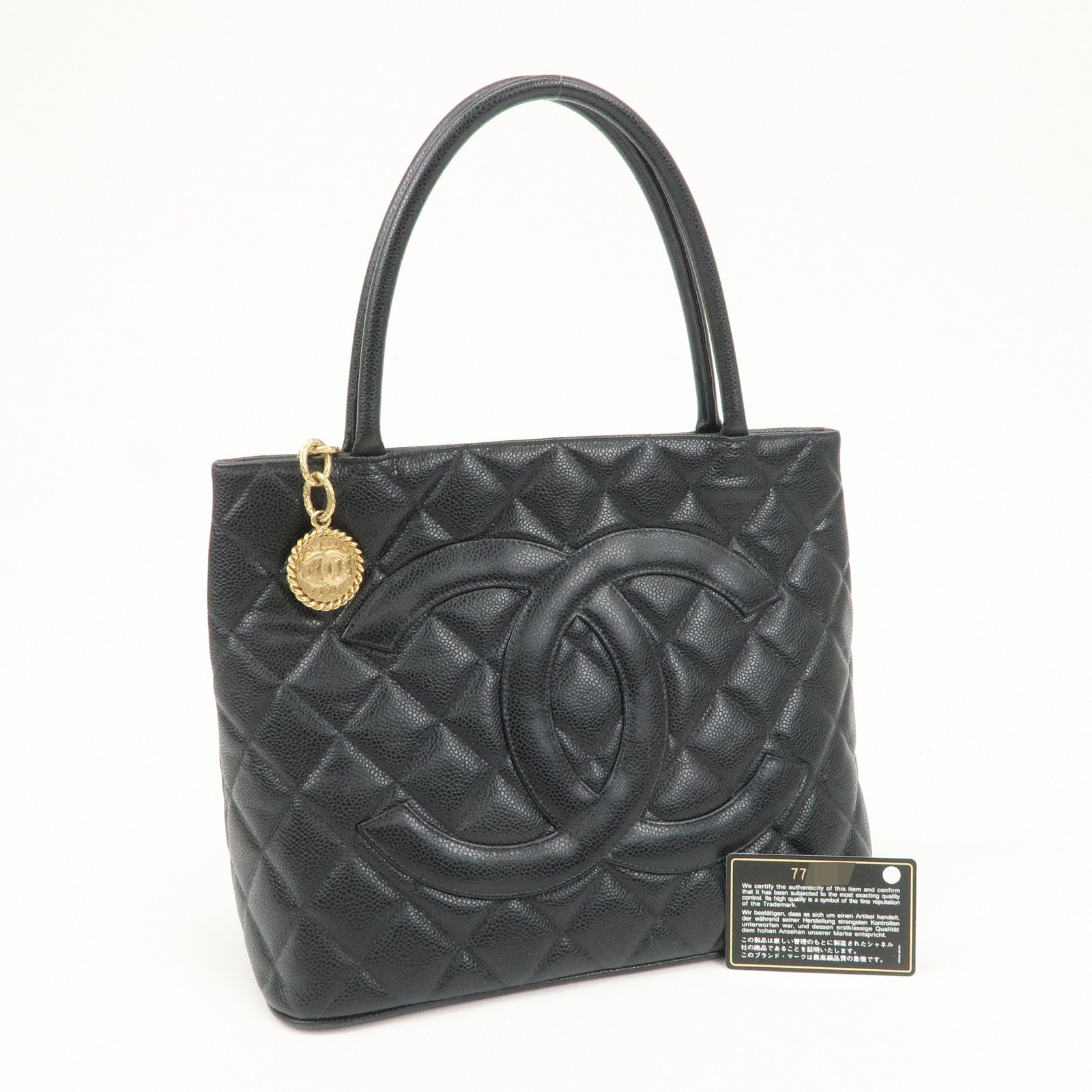 CHANEL Matelasse Caviarskin Medalion Tote Bag Hand Bag Black A01804 Used