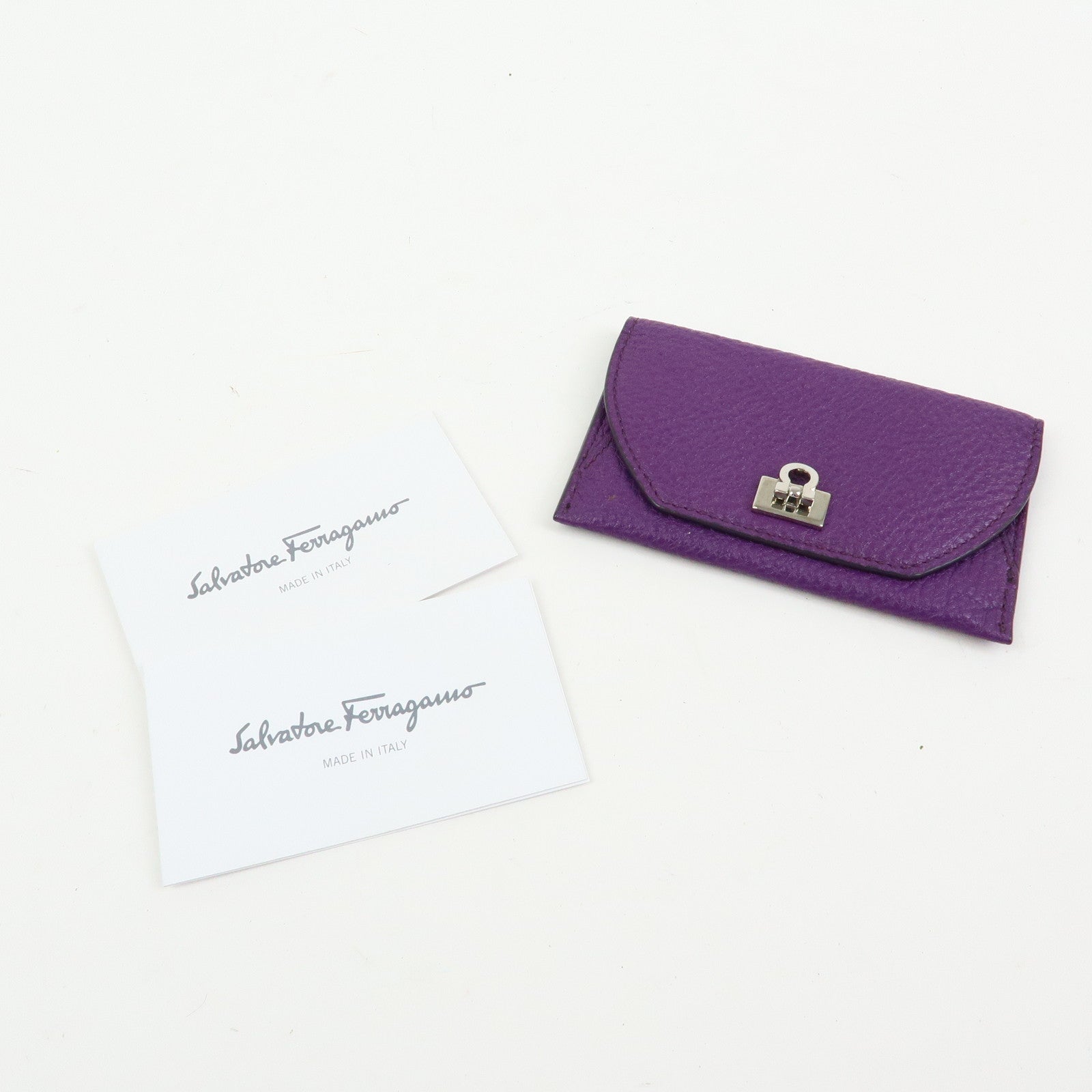 Ferragamo Gancini Leather Flap Button Card Case Purple Silver