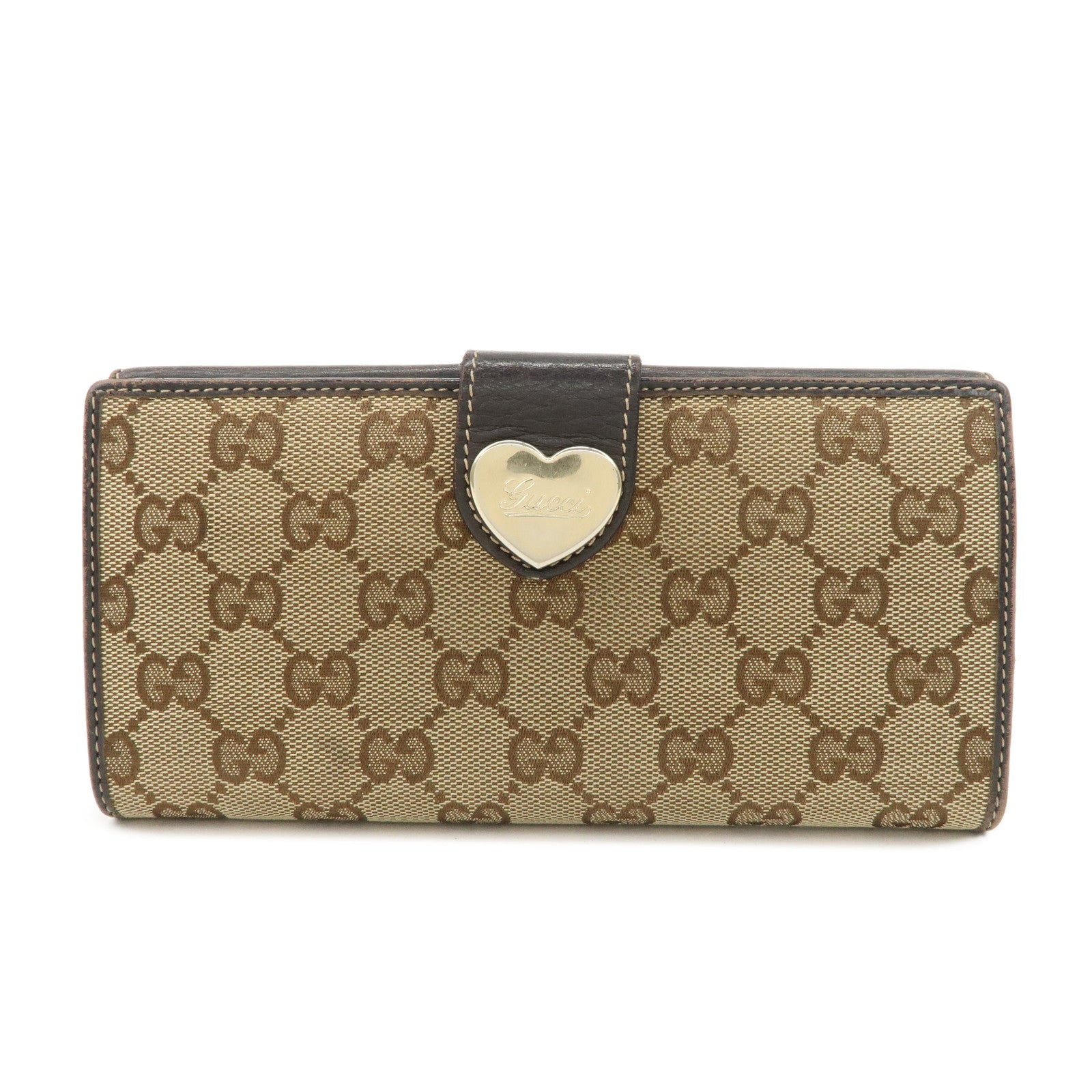 GUCCI Lovely Heart GG Canvas Leather Bi-fold Long Wallet Brown 203550 Used
