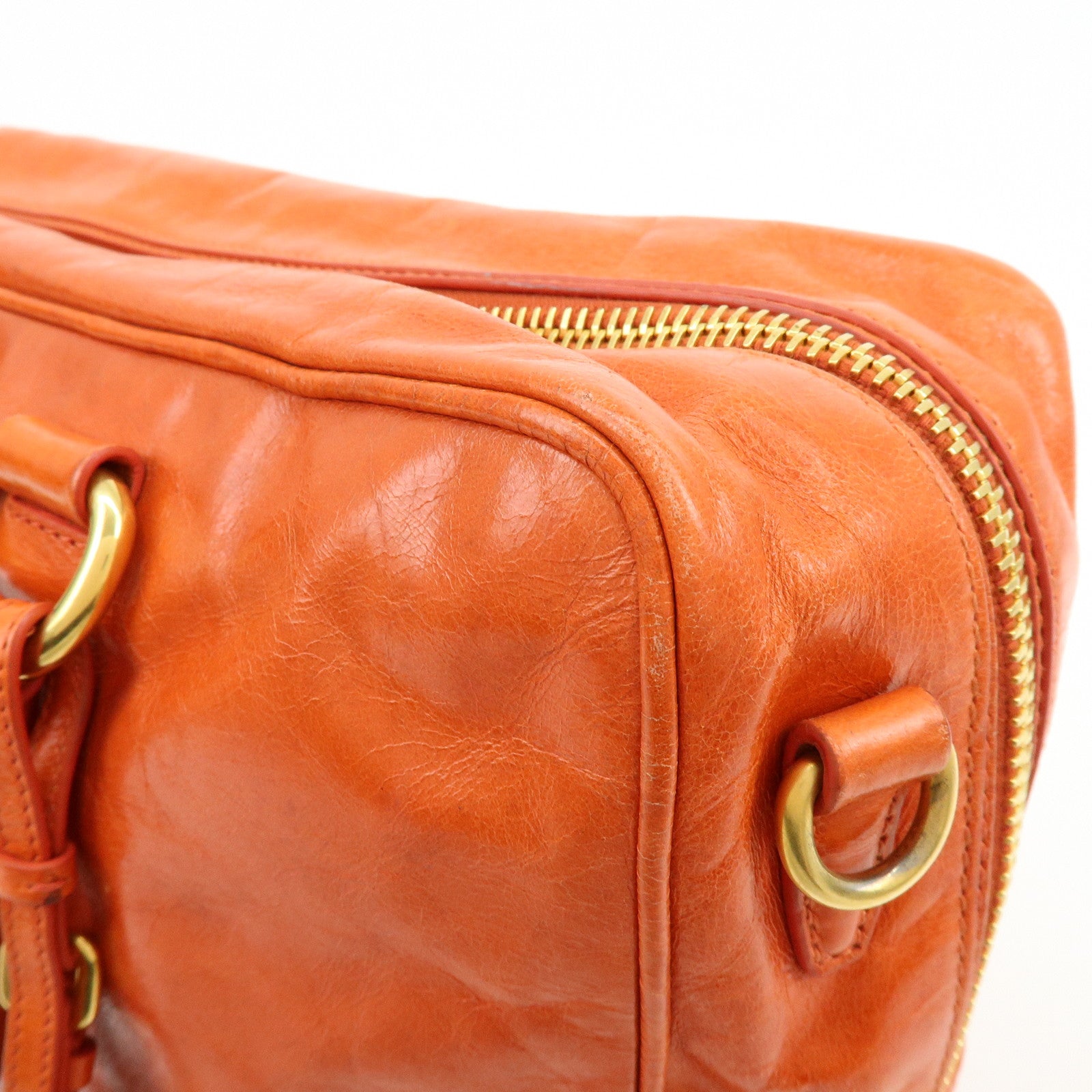 PRADA Logo Leather Boston Bag Hand Bag Shoulder Bag Orange BL0821