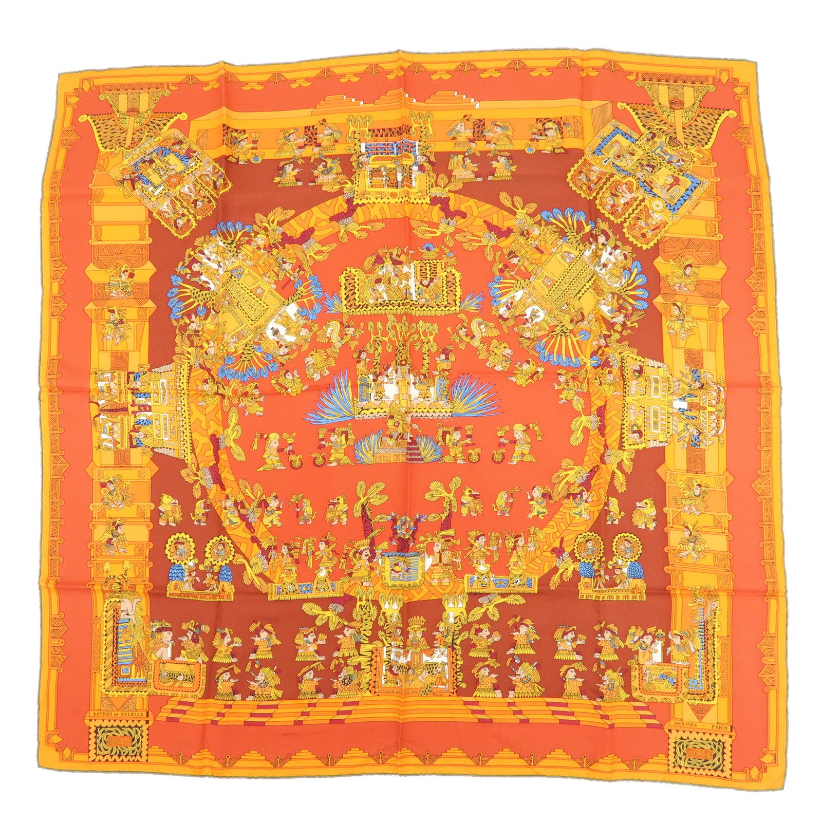 HERMES Carre 90 Silk 100% Scarf ASTRES et SOLEILS Red Orange