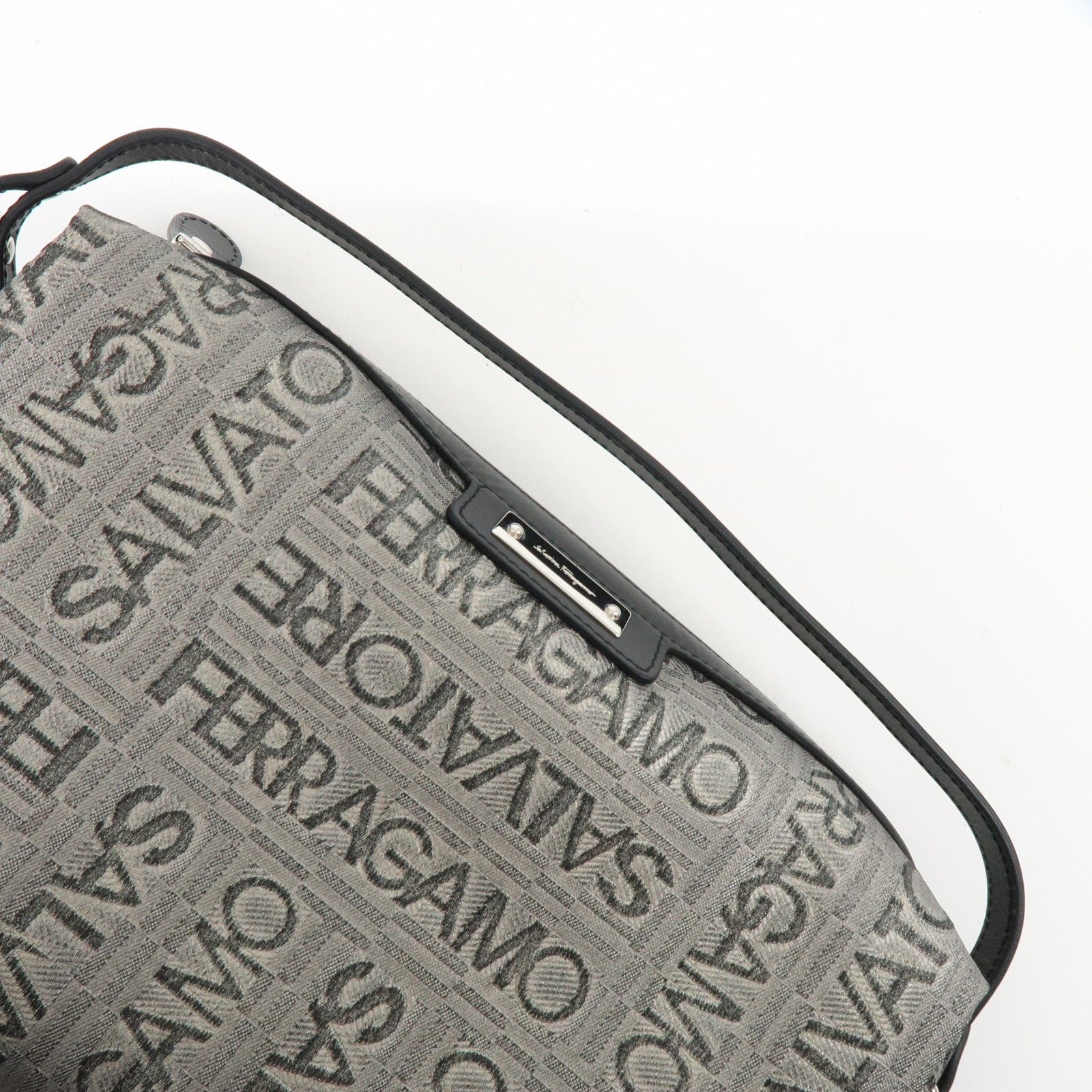 Ferragamo Gancini Logo Canvas Leather Hand Bag Pouch Silver Black