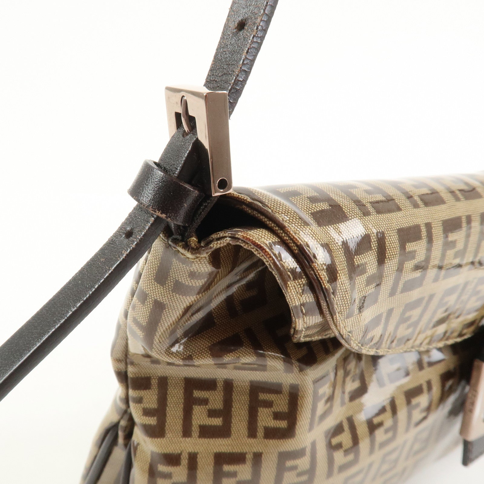 FENDI Zucchino PVC Canvas Leather Shoulder Bag Brown 8BR002