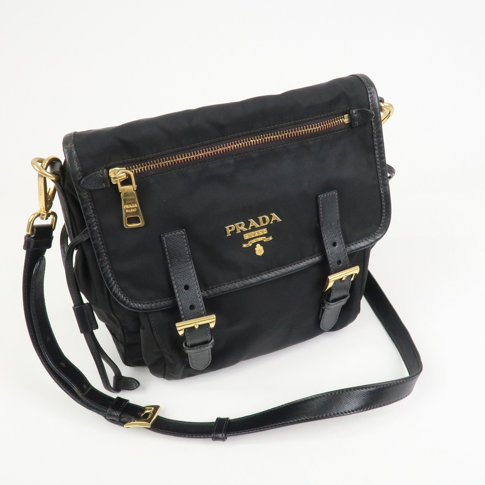 PRADA Logo Nylon Saffiano Leather Shoulder Bag Crossbody Bag Black