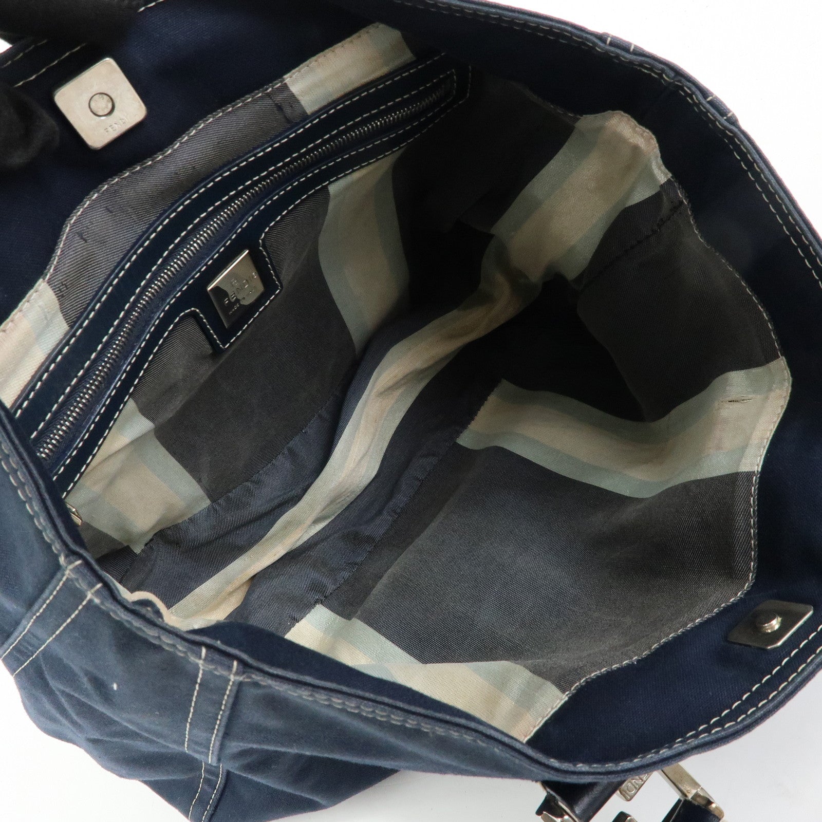FENDI Canvas Leather Tote Bag Hand Bag Navy