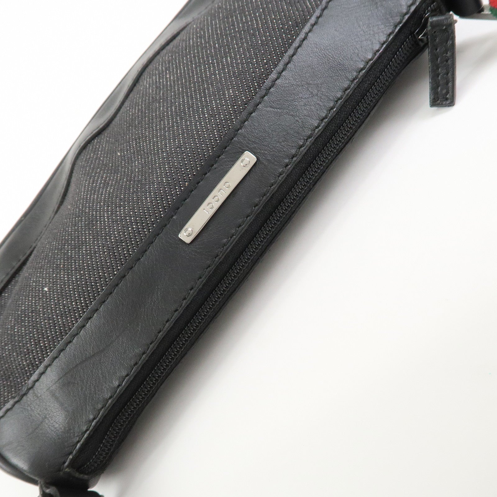 GUCCI Sherry Denim Leather Accessory Pouch Hand Bag Black 92820