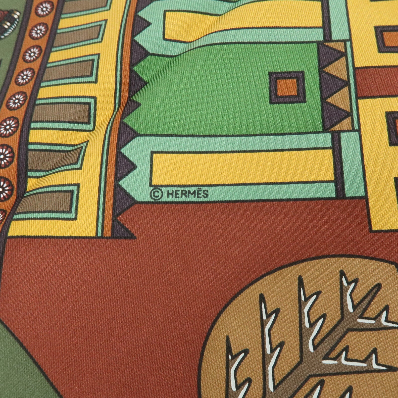 HERMES Carre 90 Silk 100% Scarf PERSEPOLIS Persian Print Brown