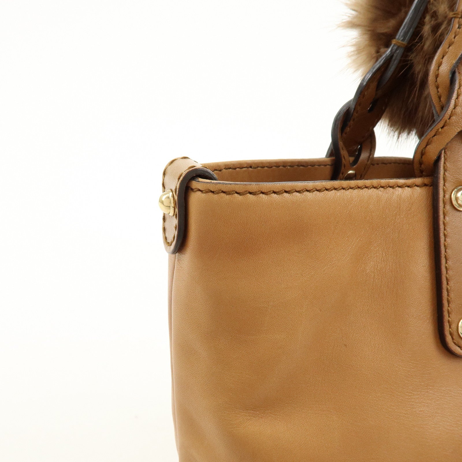GUCCI Script Logo Leather Fur Tote Bag Fur Pouch Brown 269878