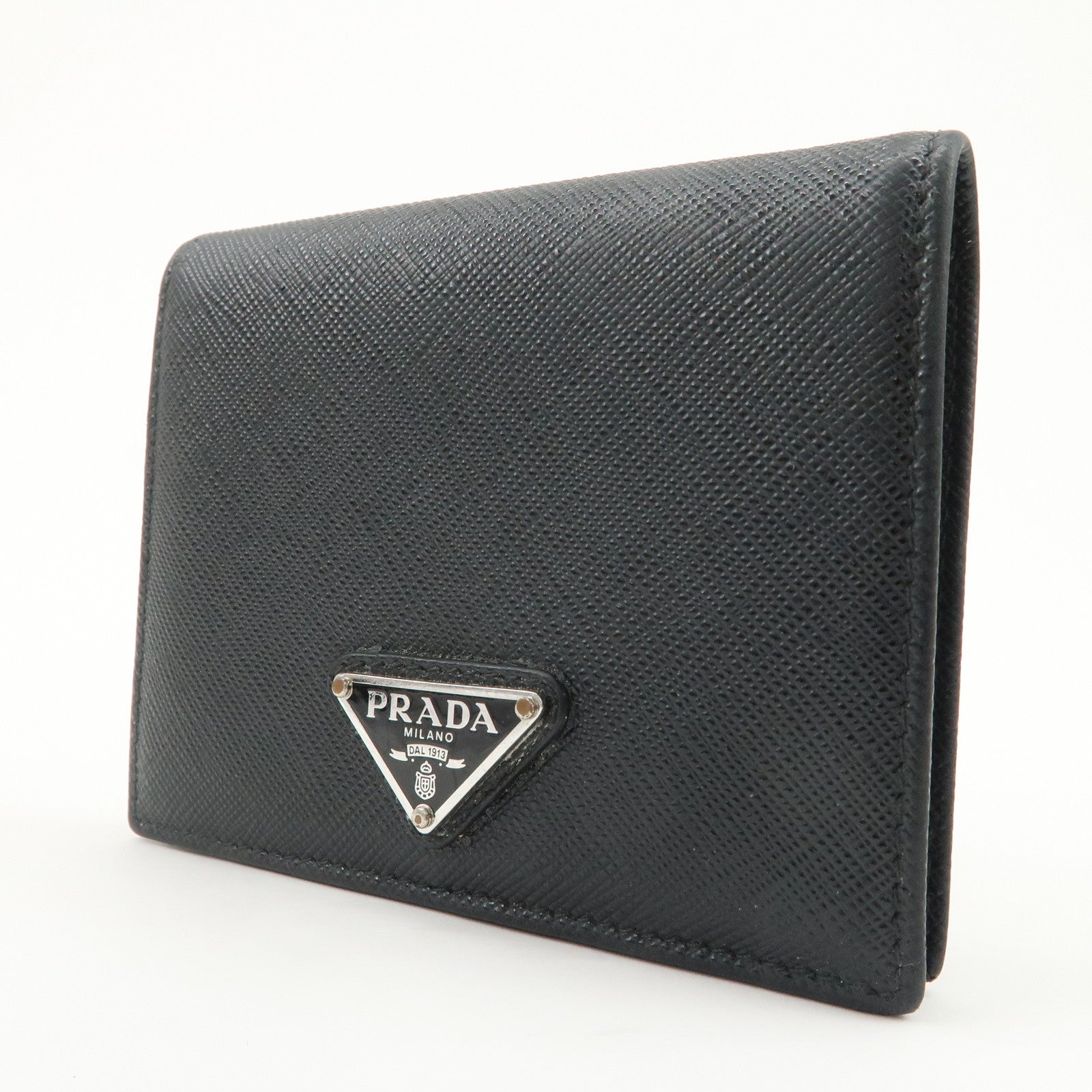 PRADA Triangle Logo Saffiano Leather Bi-Fold Compact Wallet Black