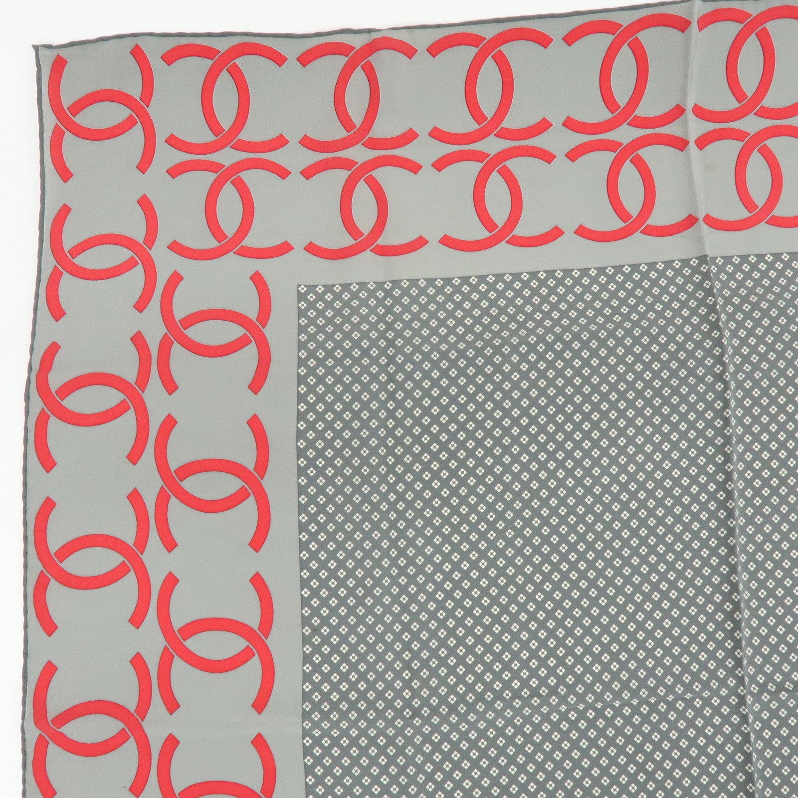 CHANEL COCO Mark Silk 100% Scarf Shawl Geometric Pattern Gray Red