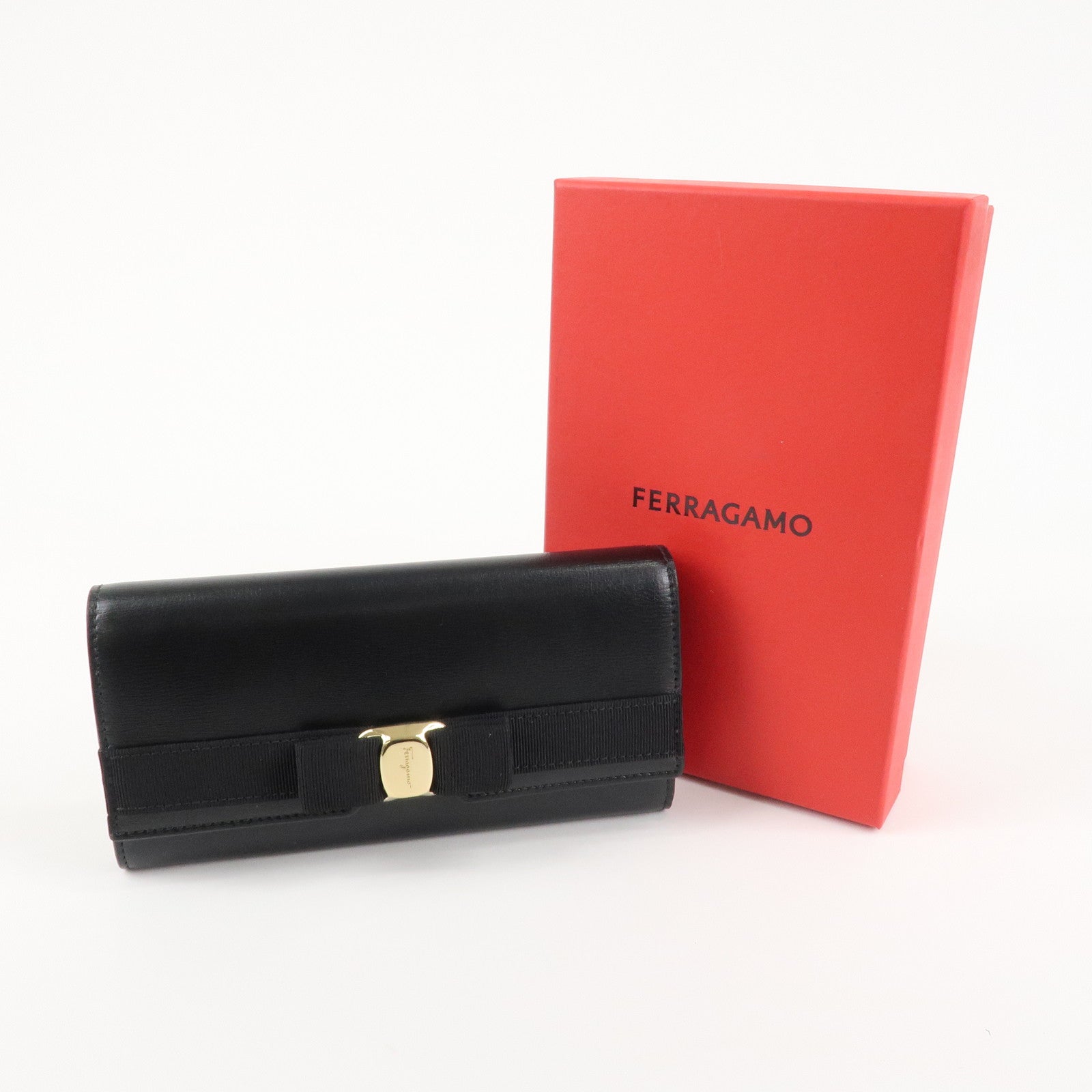 Ferragamo Vara Ribbon Leather Bifold Wallet Black Gold HDW Used