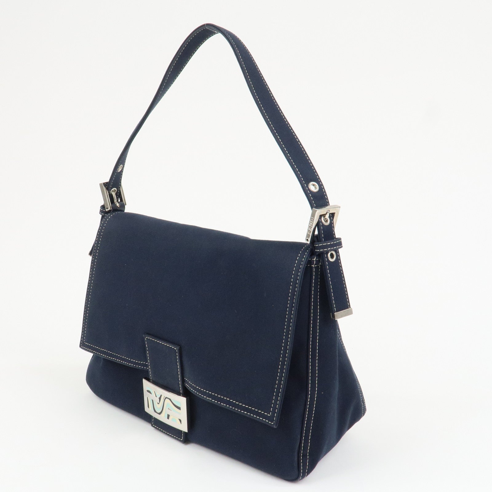 FENDI Mamma Baguette Canvas Shoulder Bag Hand Bag Navy 26325