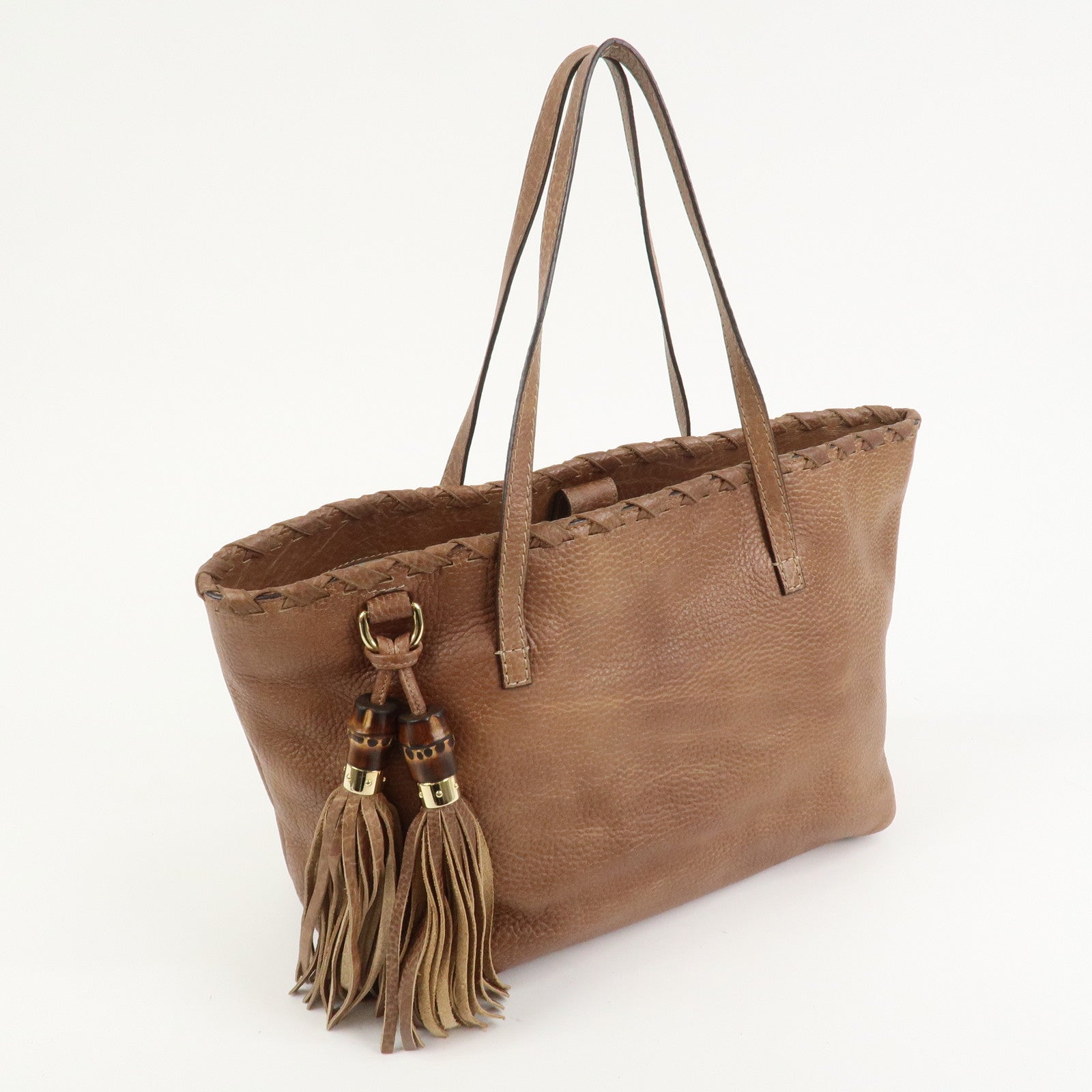 GUCCI Bamboo Fringe Leather Tote Bag Shoulder Bag Brown 218780