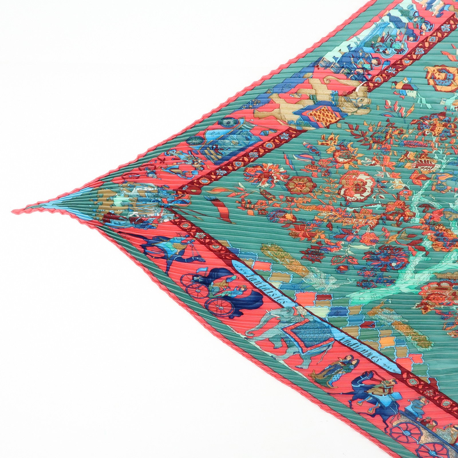 HERMES Pleated Carre 90 Set of 2 Silk 100% Scarf Green Pink