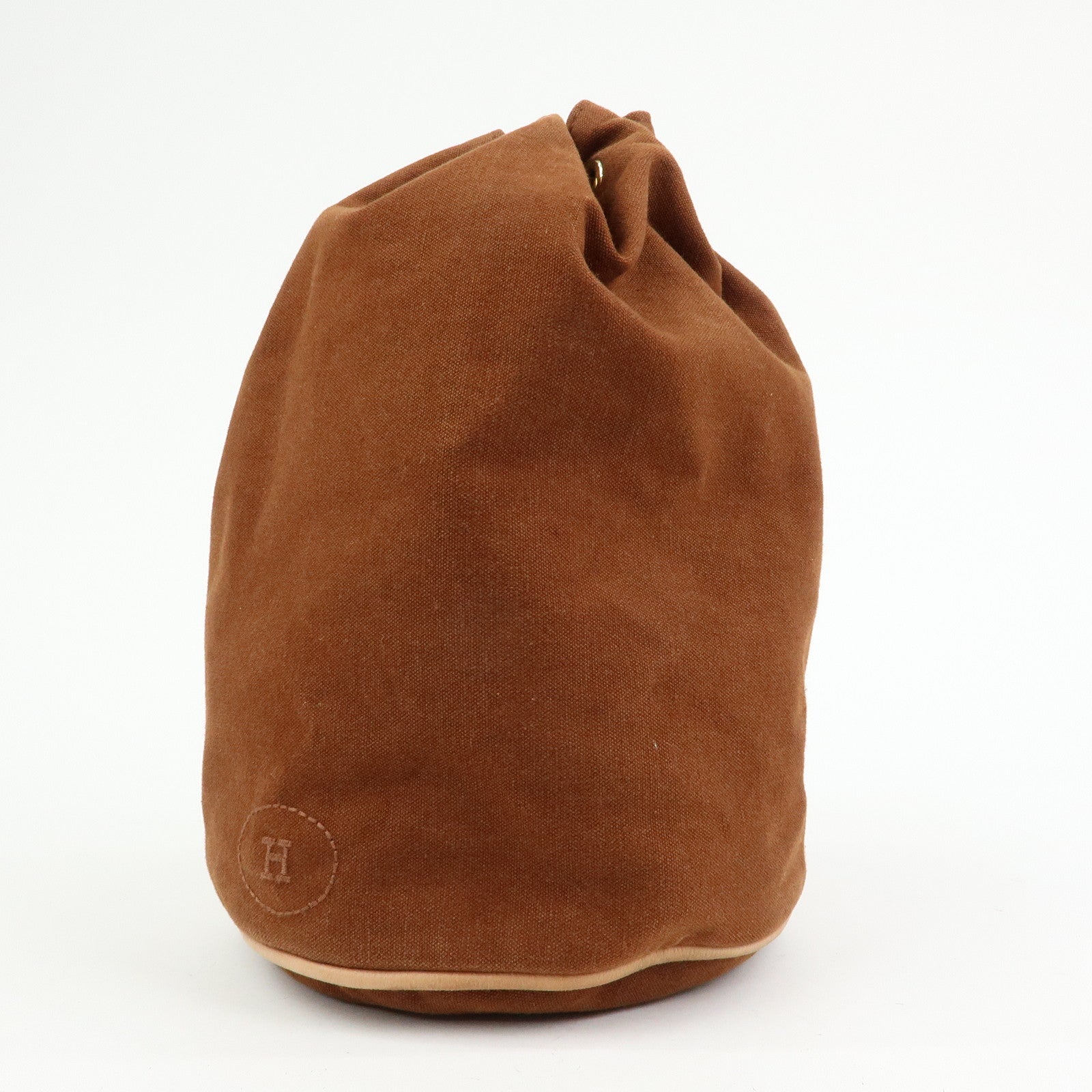 HERMES Porochon Mimil PM Canvas Leather Drawstring Backpack Brown