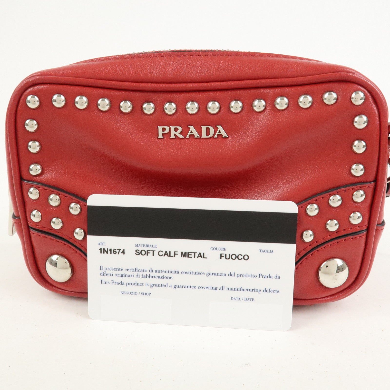 PRADA Logo Leather Mini Shoulder Bag Camera Bag Studs Red 1N1674