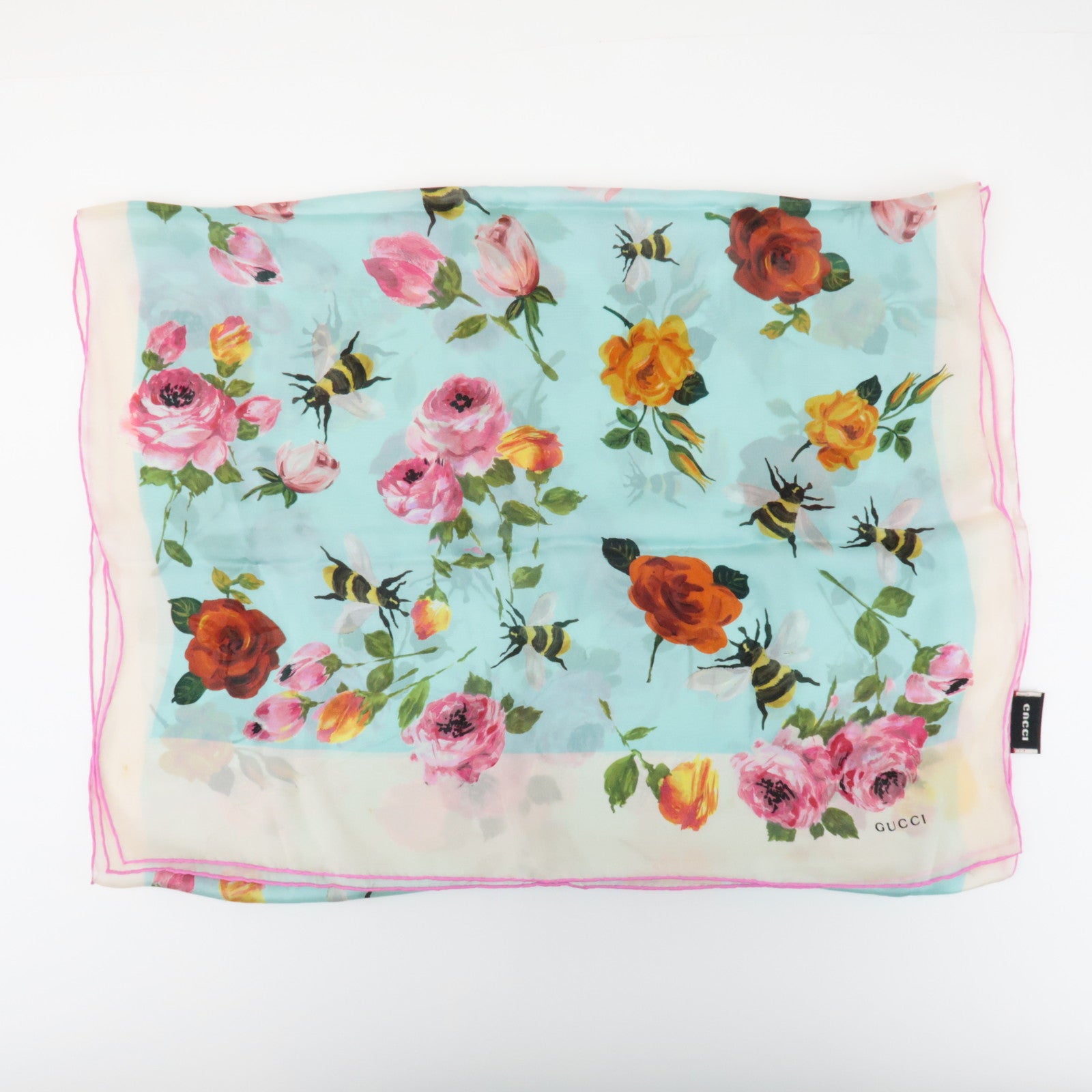 GUCCI Silk 100% 64 ×192 Floral Honey Bee Print Scarf Blue