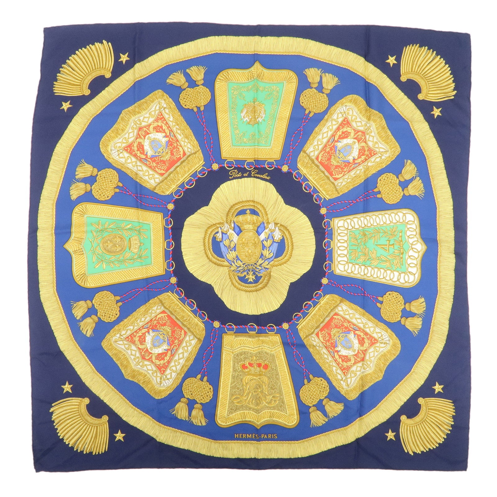 HHERMES Carre 90 Silk 100% Scarf Poste et Cavalerie Navy Gold