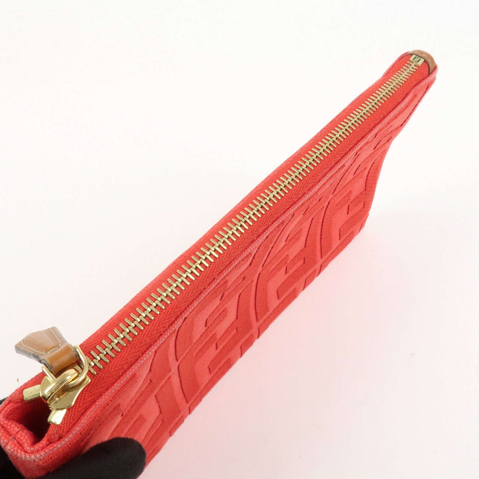 FENDI Zucca Canvas Leather Clutch Bag Cosmetic Bag Red 8N0148