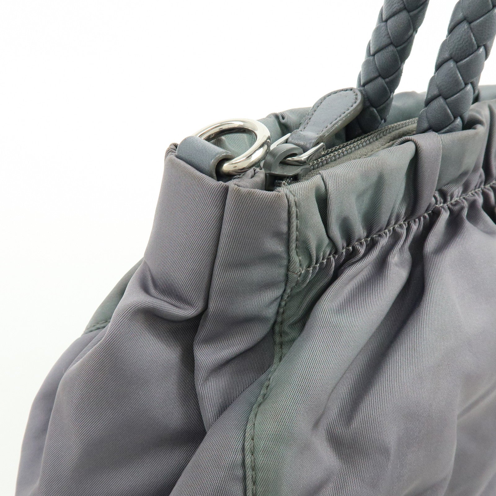 PRADA Nylon Leather 2Way Gathered Ribbon Hand Shoulder Bag Gray