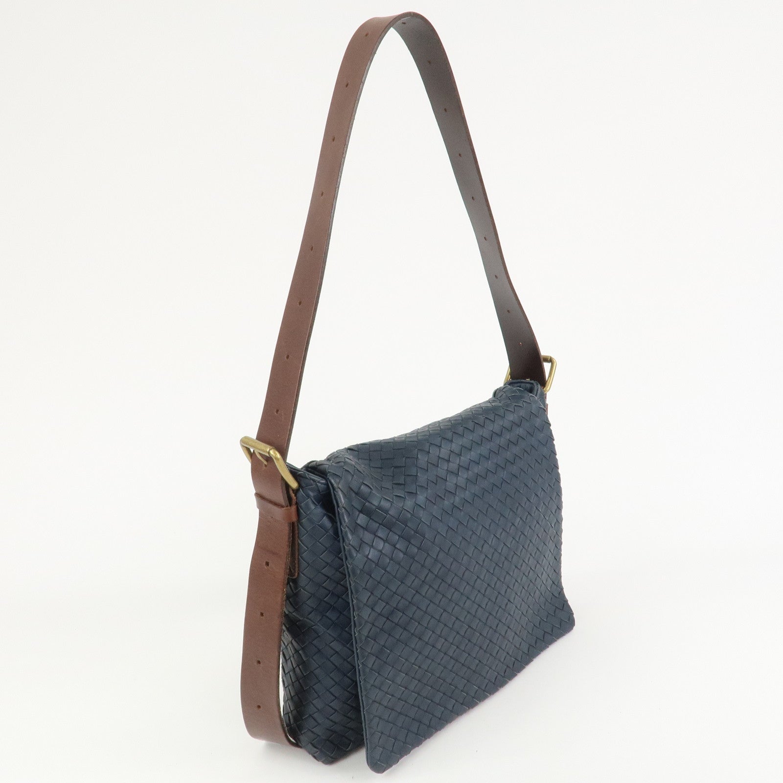 BOTTEGA VENETA Intrecciato Lamb Skin Shoulder Bag Navy 163971