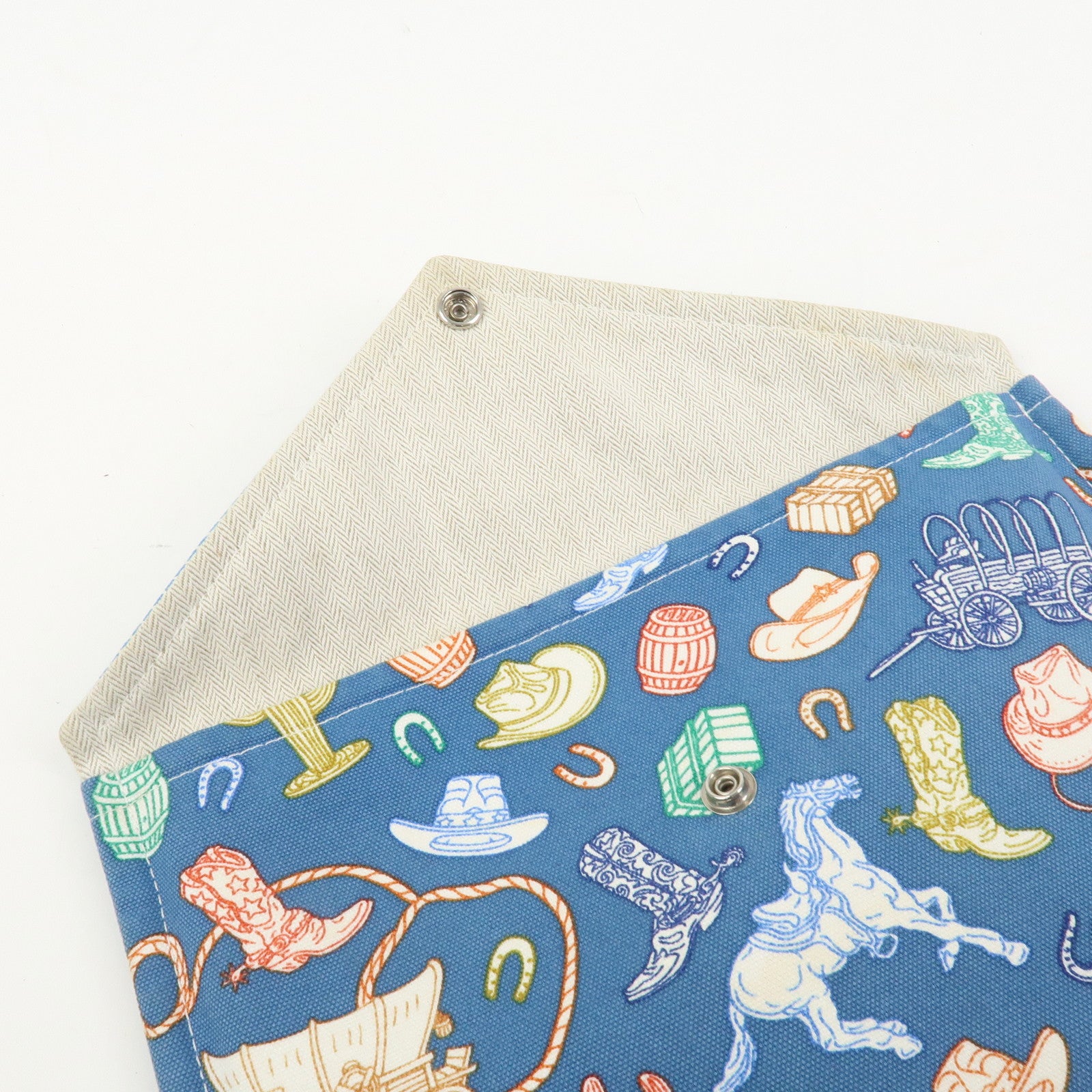 HERMES Cotton Western Motif Pouch Cosmetic Pouch Blue Multicolor