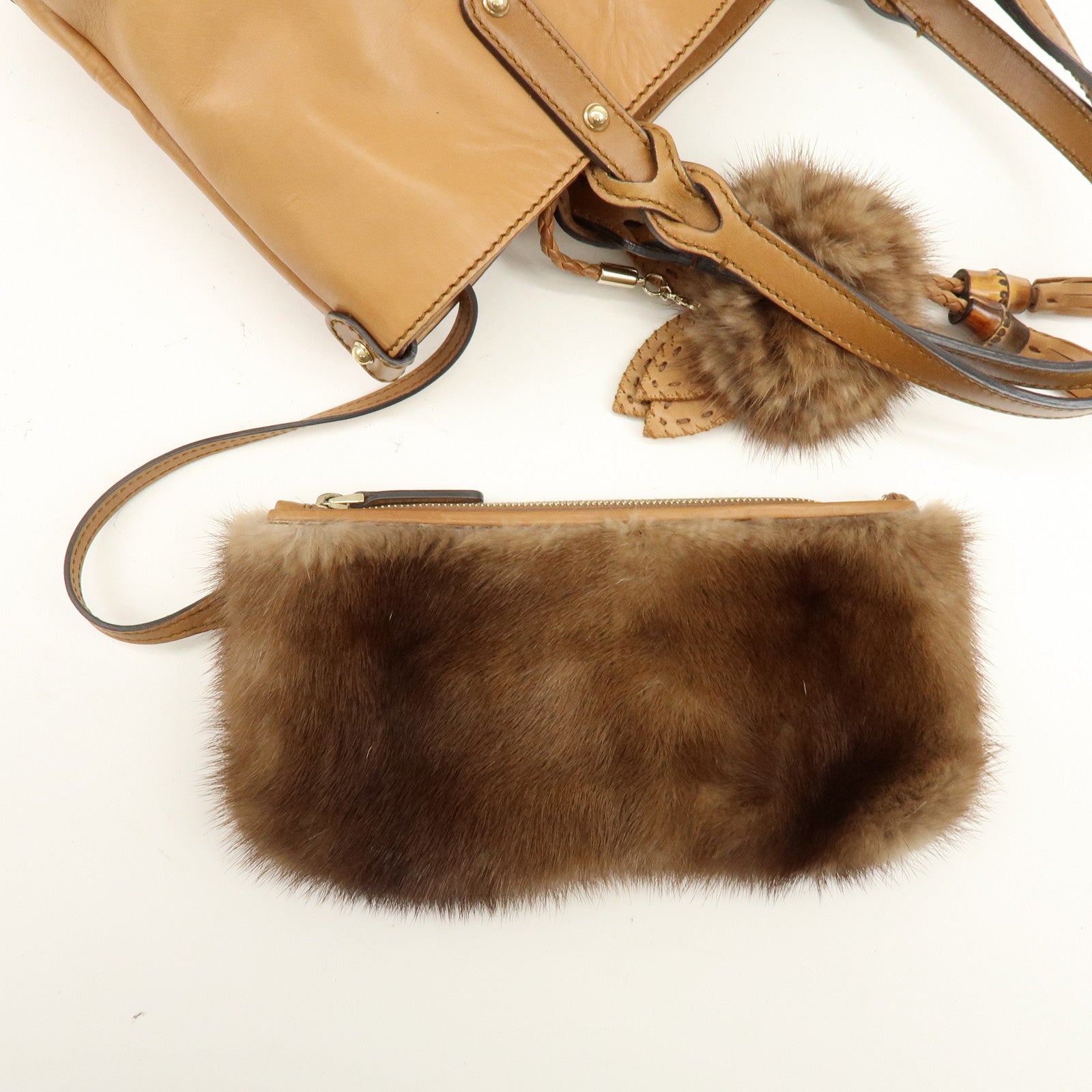 GUCCI Script Logo Leather Fur Tote Bag Fur Pouch Brown 269878