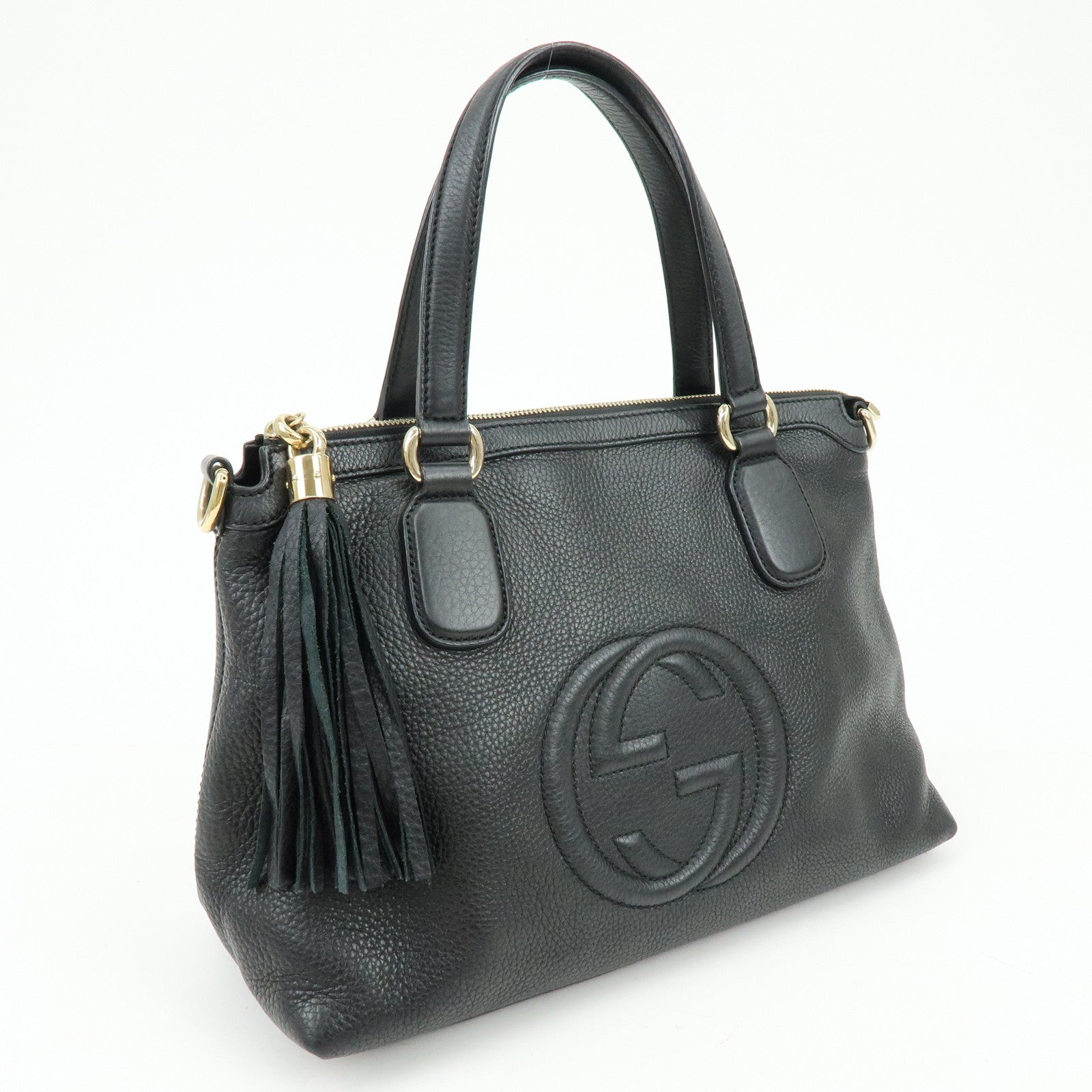 GUCCI SOHO Interlocking G Leather Tote Bag Hand Bag Black 308362