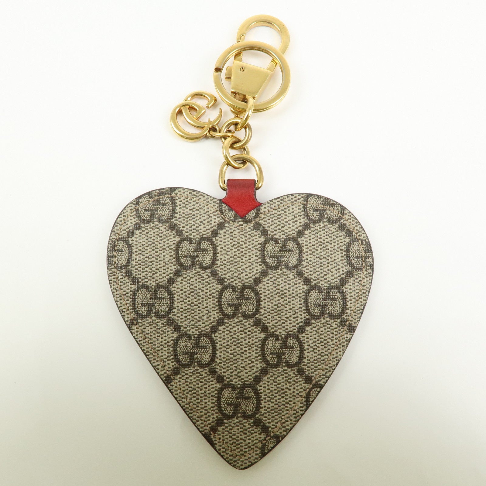 GUCCI GG Supreme Canvas Leather Bag Charm Key Chain Heart Beige