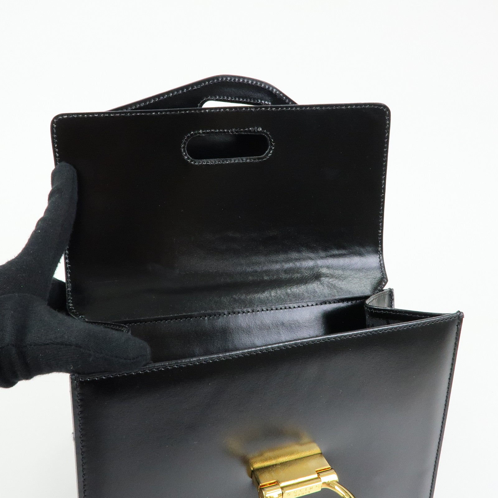 CELINE Leather Double Flap Hand Bag Black