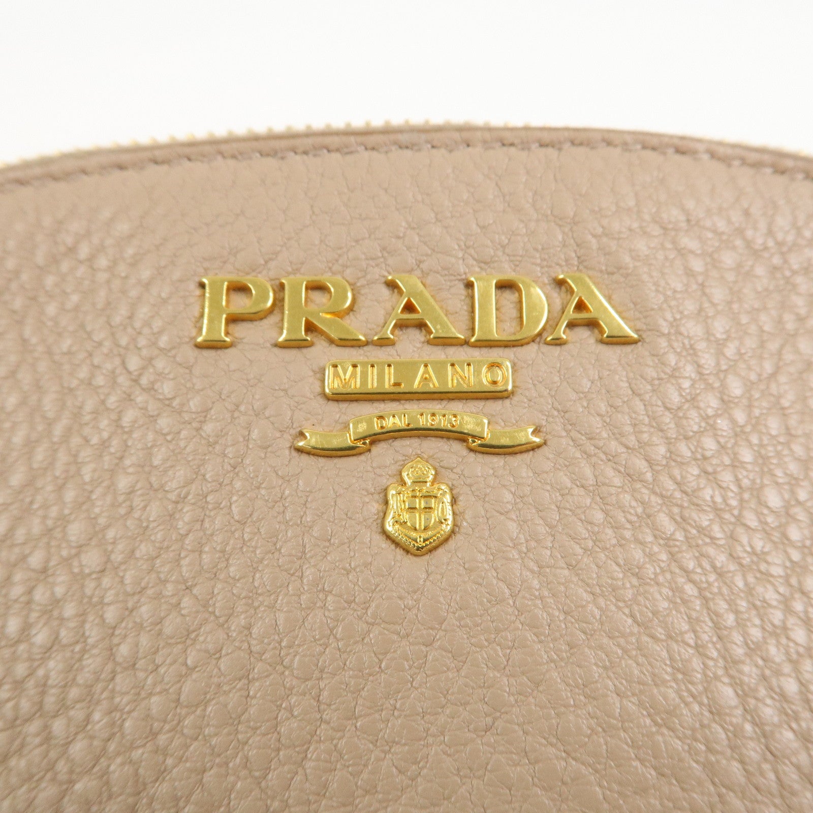 PRADA Logo Leather Cosmetic Pouch Clutch Beige 1ND005