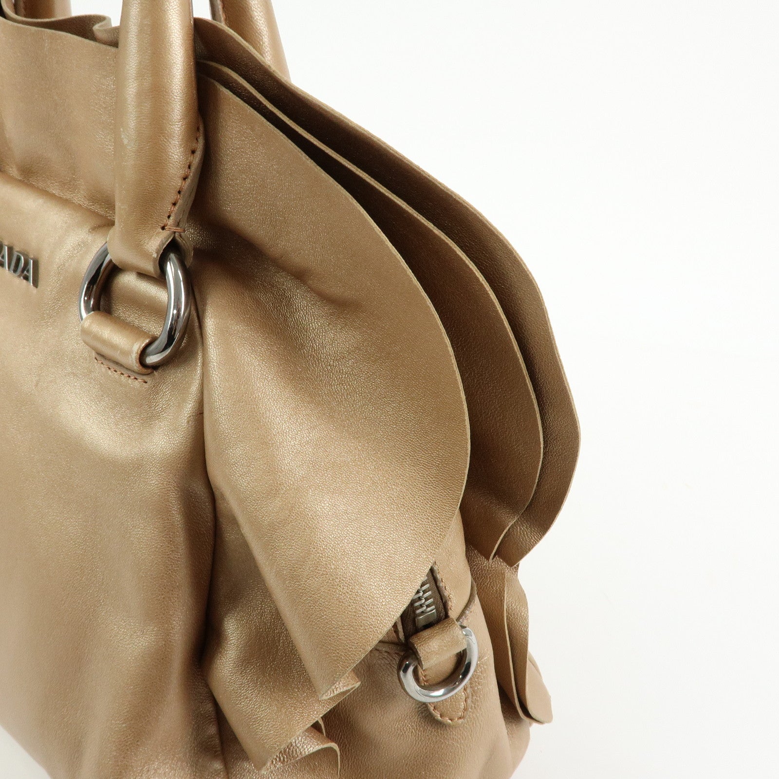 PRADA Frilled Leather Tote Bag Hand Bag Champagne Gold
