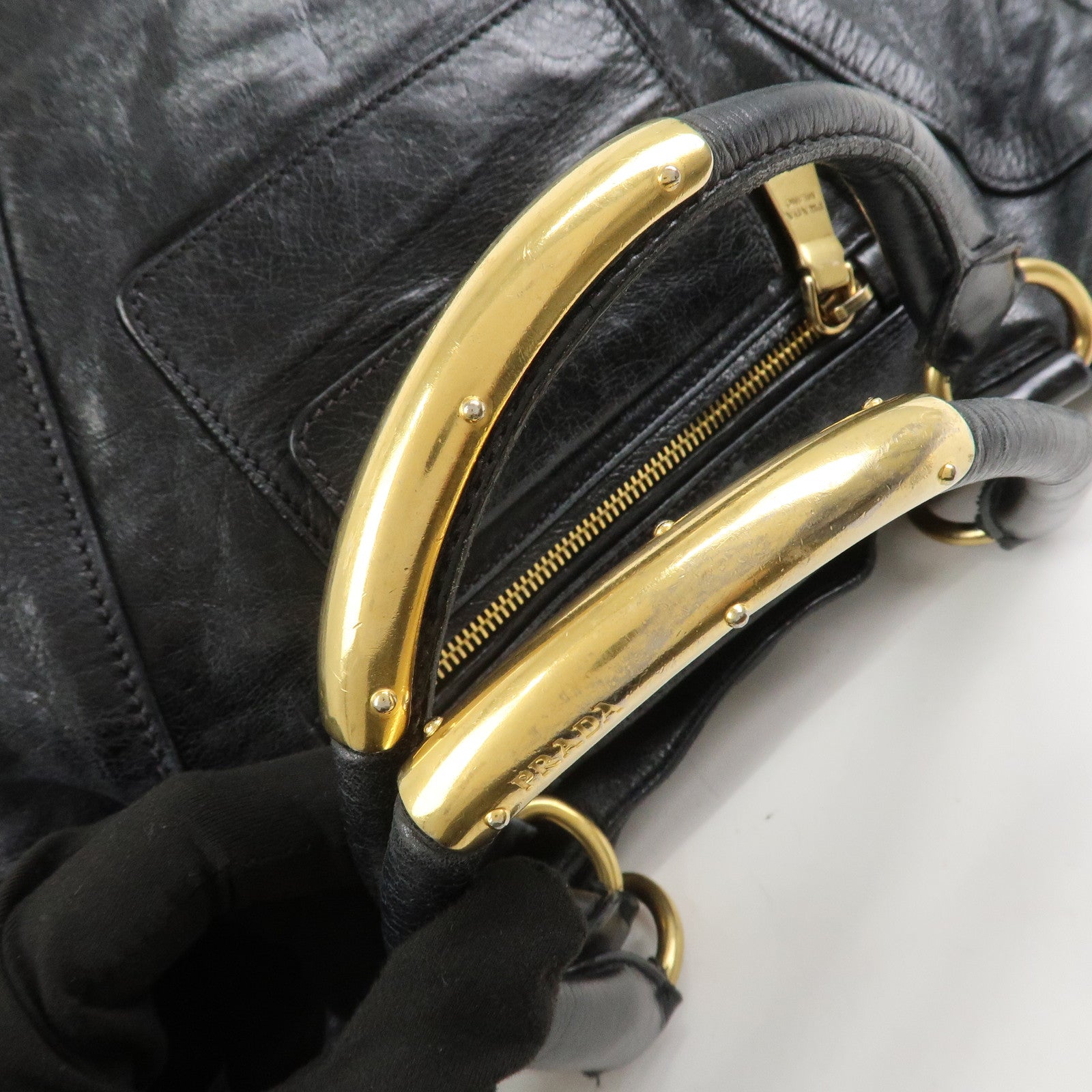 PRADA Logo Leather Tote Bag Shoulder Bag Black