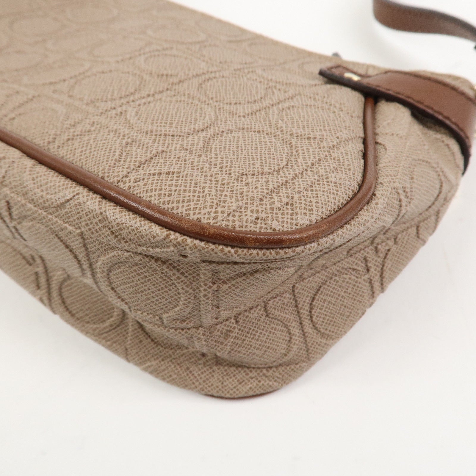 Ferragamo Gancini PVC Canvas Leather Shoulder Bag Hand Bag Brown