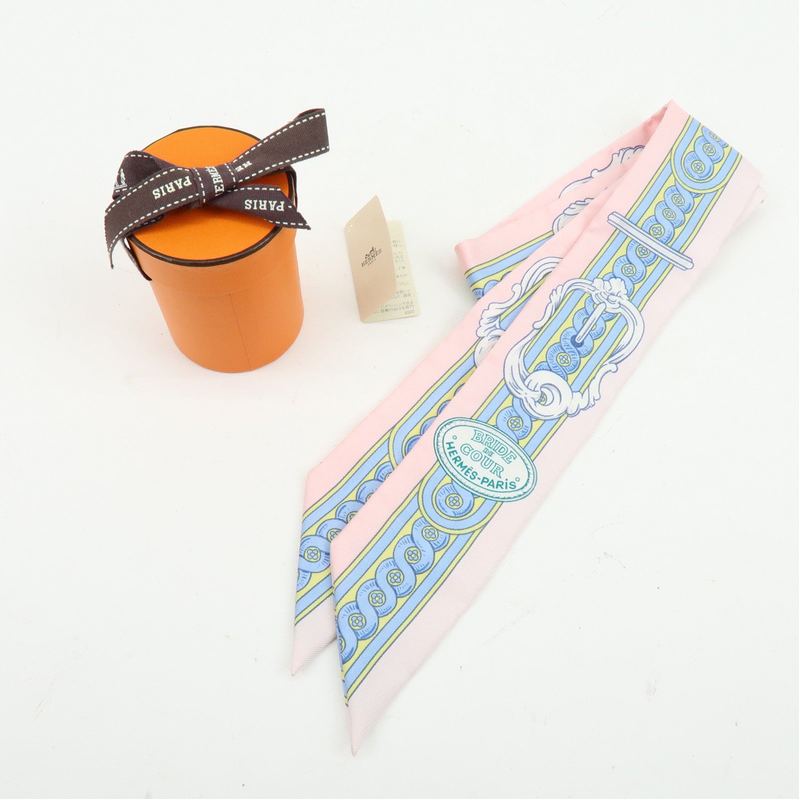 HERMES Silk 100% Twilly BRIDE DE COUR Pink Light Blue