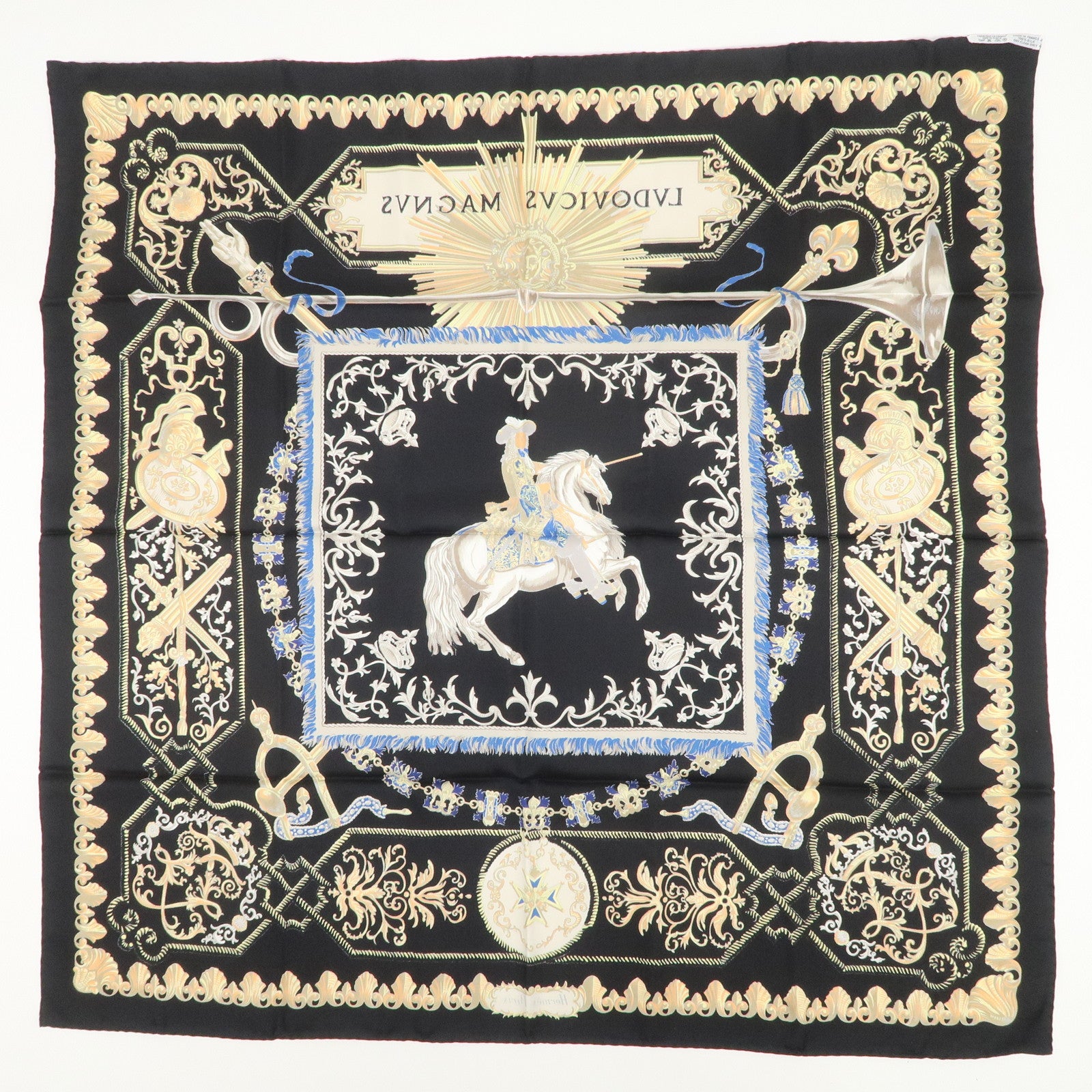 HERMES Carre 90 Silk 100% Scarf LVDOVICVS MAGNVS Black Yellow