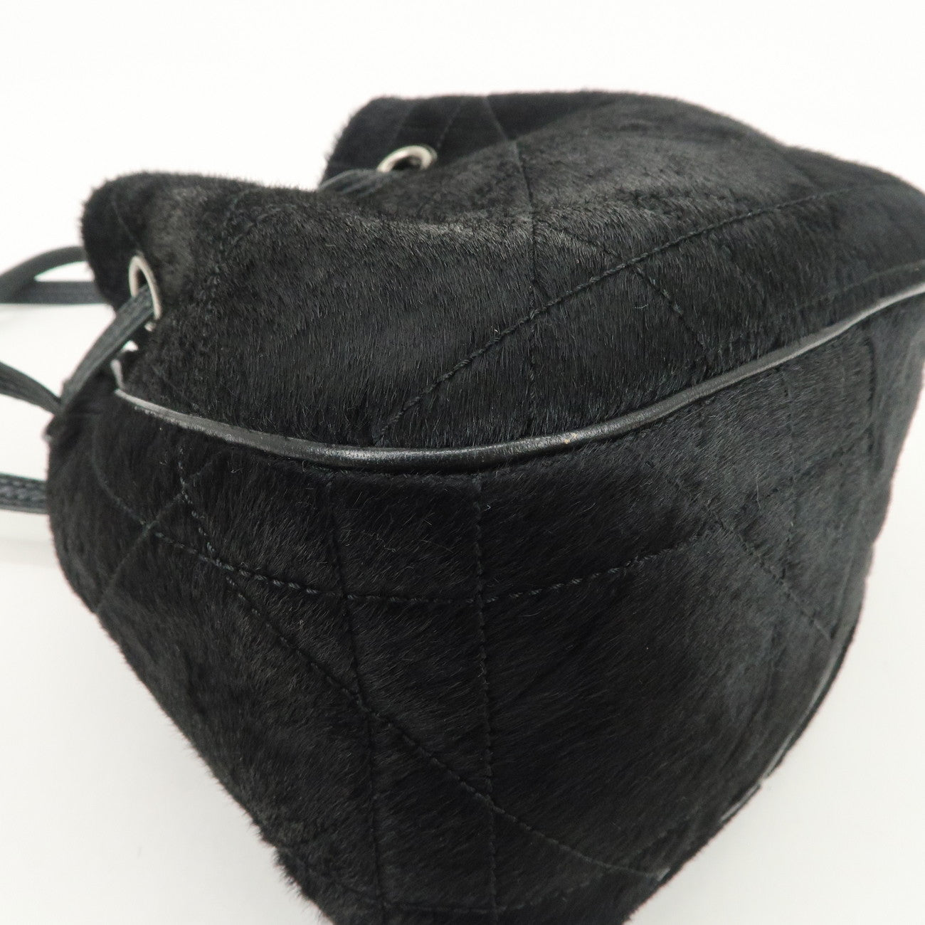 Christian Dior Unborn Carf Leather Drawstring Hand Bag Black Silver