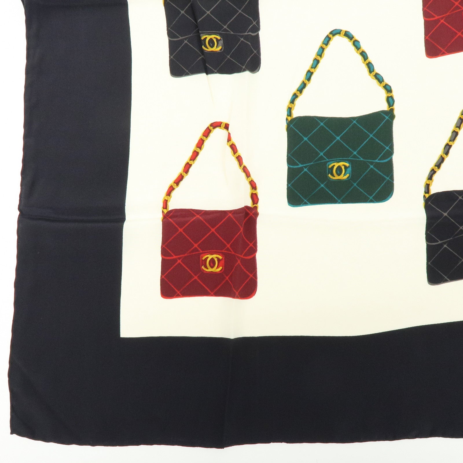 CHANEL Matelasse Silk 100% Scarf Black Green Gold